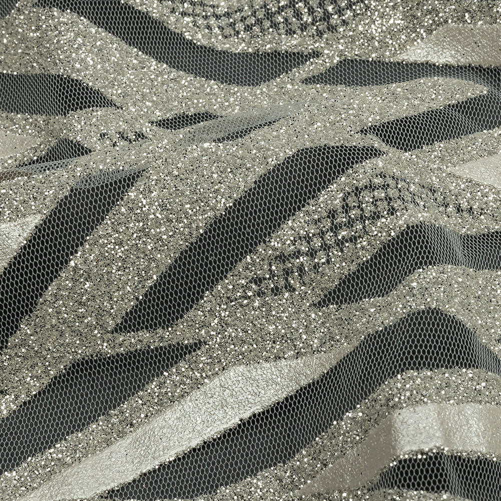 Geometric Feathers Glitter Tulle - Off White and Silver - Detail
