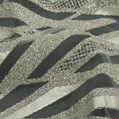 Geometric Feathers Glitter Tulle - Off White and Silver