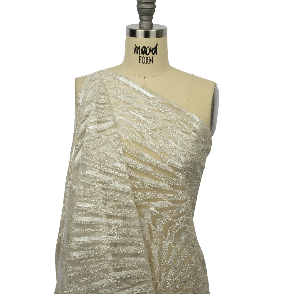 Geometric Feathers Glitter Tulle - Off White and Silver - Drape