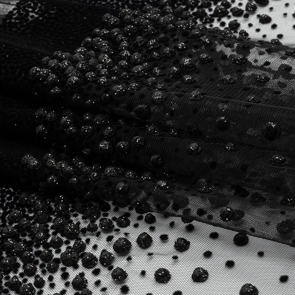 Flocked Puffy Glitter Tulle - Black Abstract Stripes - Folded