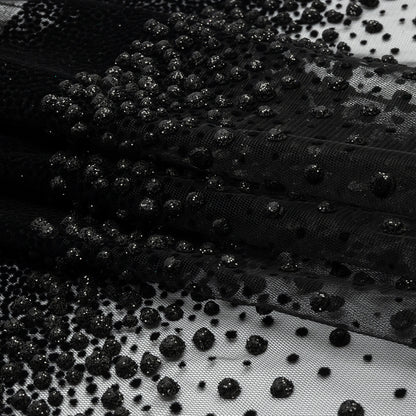 Flocked Puffy Glitter Tulle - Black Abstract Stripes
