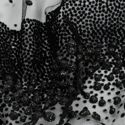 Flocked Puffy Glitter Tulle - Black Abstract Stripes