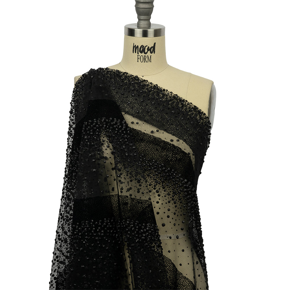 Flocked Puffy Glitter Tulle - Black Abstract Stripes - Drape