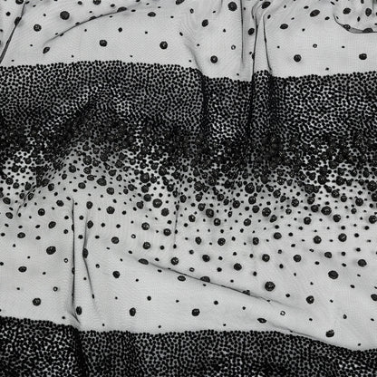 Flocked Puffy Glitter Tulle - Black Abstract Stripes