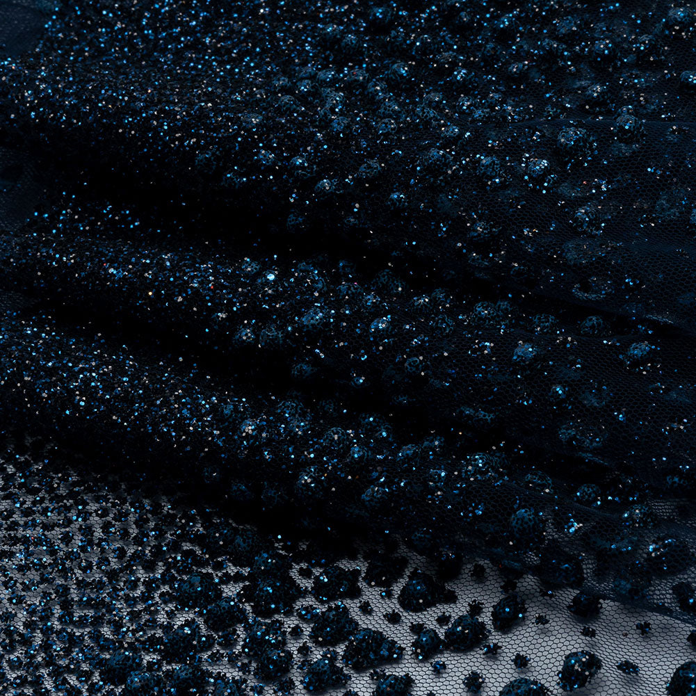 Flocked Puffy Glitter Tulle - Navy Abstract Stripes