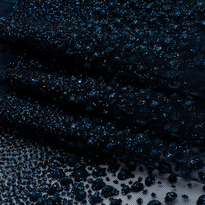 Flocked Puffy Glitter Tulle - Navy Abstract Stripes