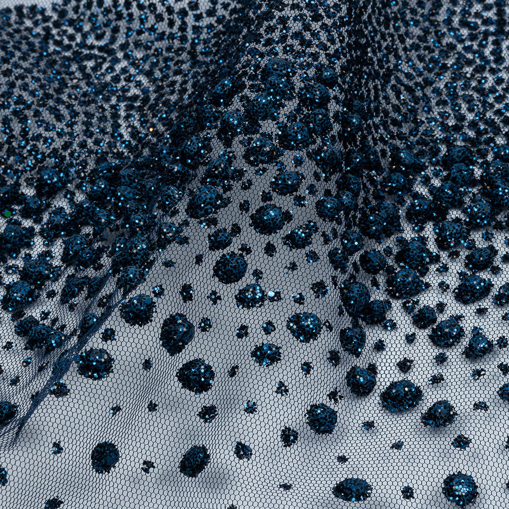 Flocked Puffy Glitter Tulle - Navy Abstract Stripes