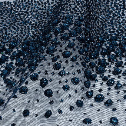 Flocked Puffy Glitter Tulle - Navy Abstract Stripes