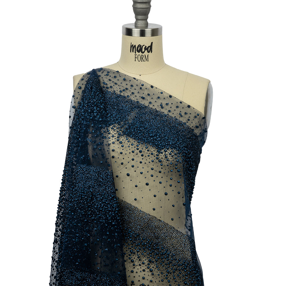 Flocked Puffy Glitter Tulle - Navy Abstract Stripes