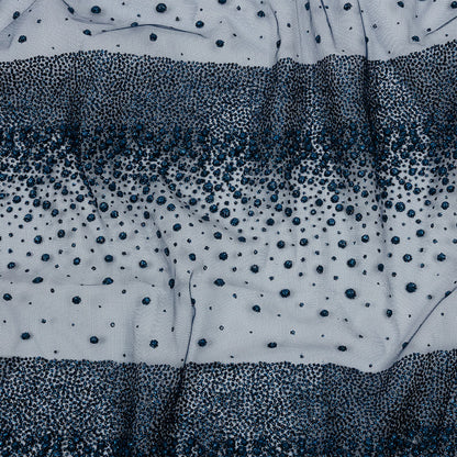 Flocked Puffy Glitter Tulle - Navy Abstract Stripes