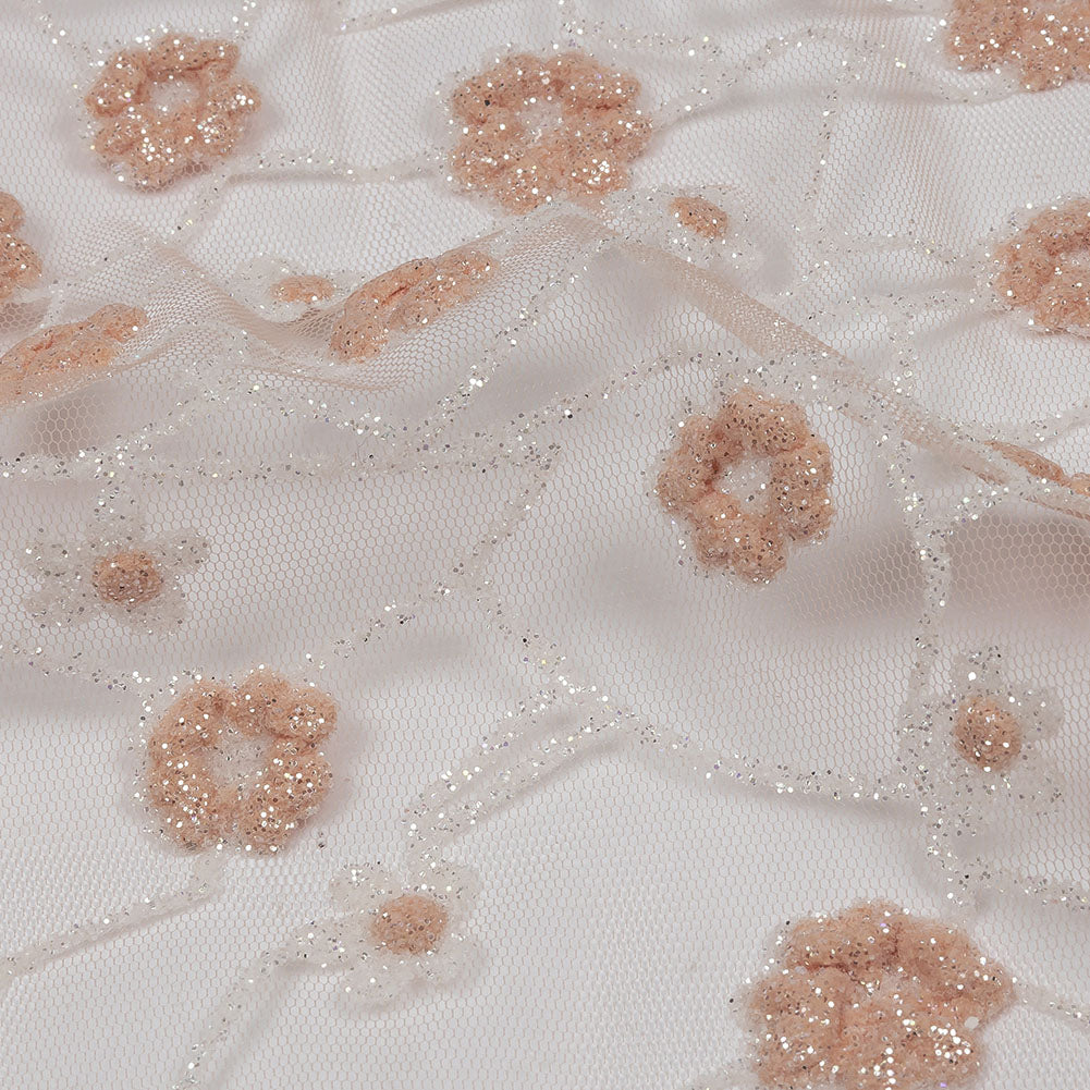 3D Puffy Glitter Tulle - Powder Pink and White Flowers and Geometric Stems