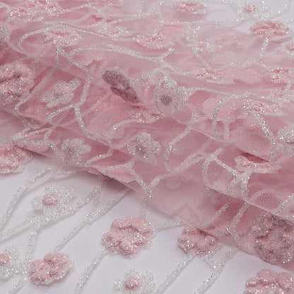 3D Puffy Glitter Tulle - Baby Pink and White Flowers and Geometric Stems
