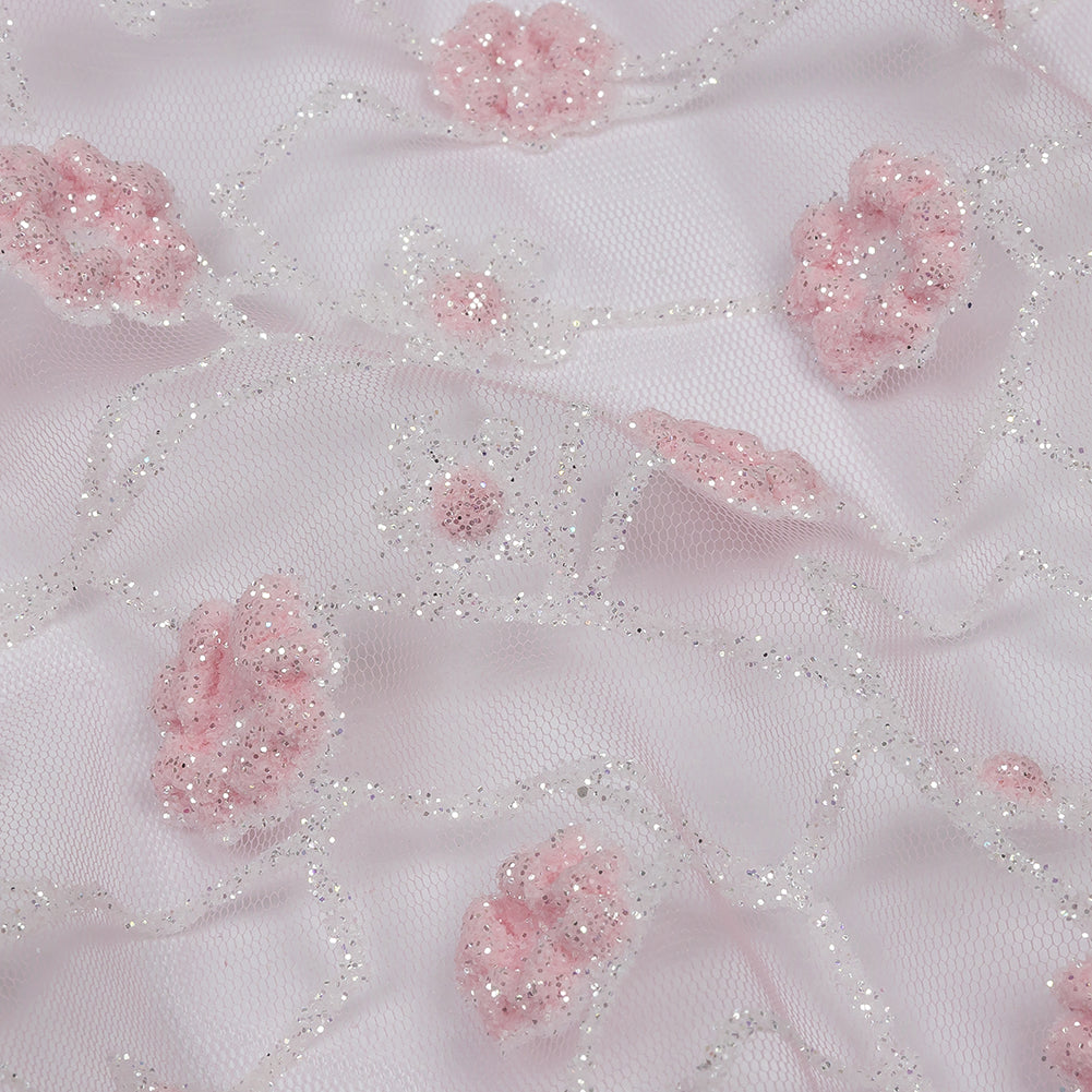 3D Puffy Glitter Tulle - Baby Pink and White Flowers and Geometric Stems