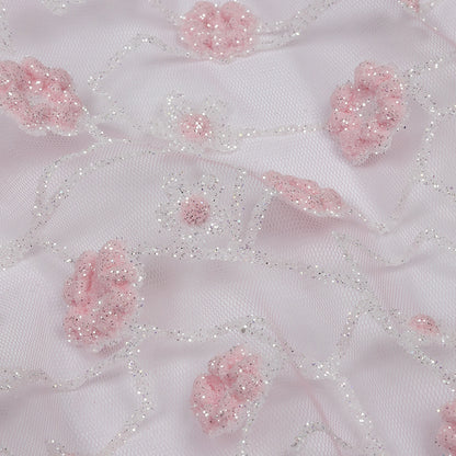 3D Puffy Glitter Tulle - Baby Pink and White Flowers and Geometric Stems