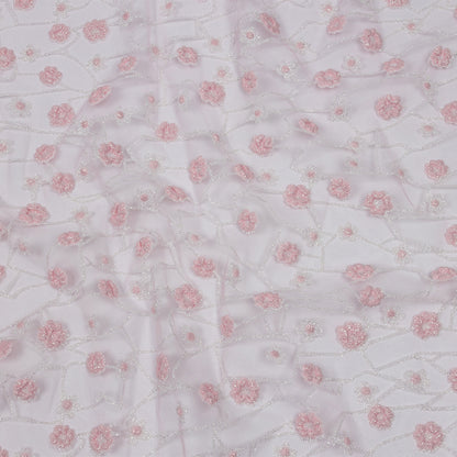 3D Puffy Glitter Tulle - Baby Pink and White Flowers and Geometric Stems