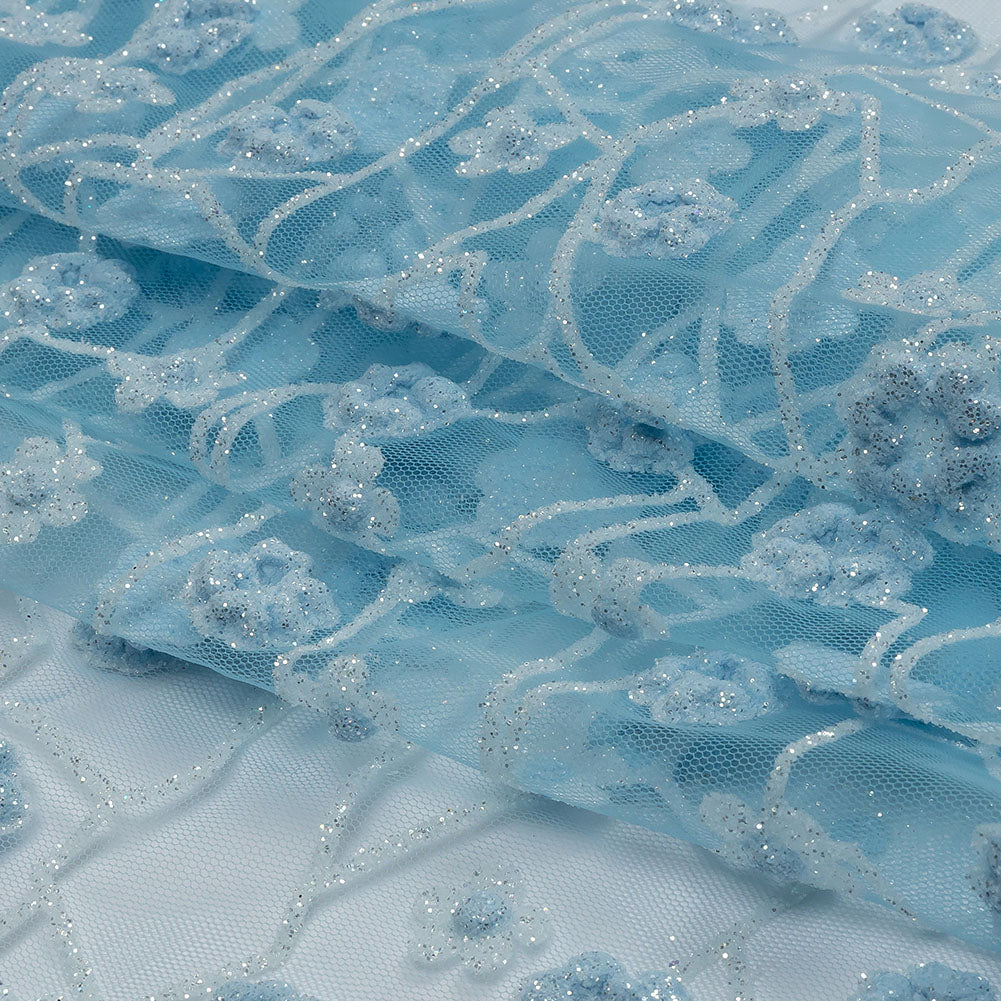 3D Puffy Glitter Tulle - Baby Blue and White Flowers and Geometric Stems