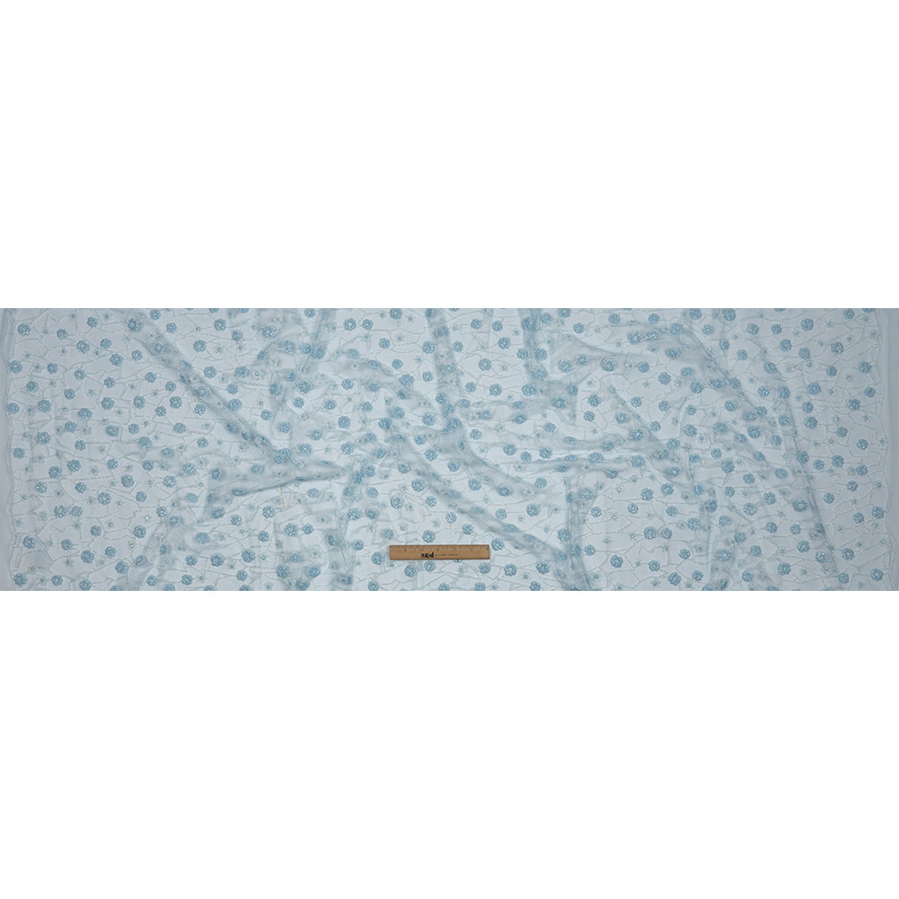 3D Puffy Glitter Tulle - Baby Blue and White Flowers and Geometric Stems