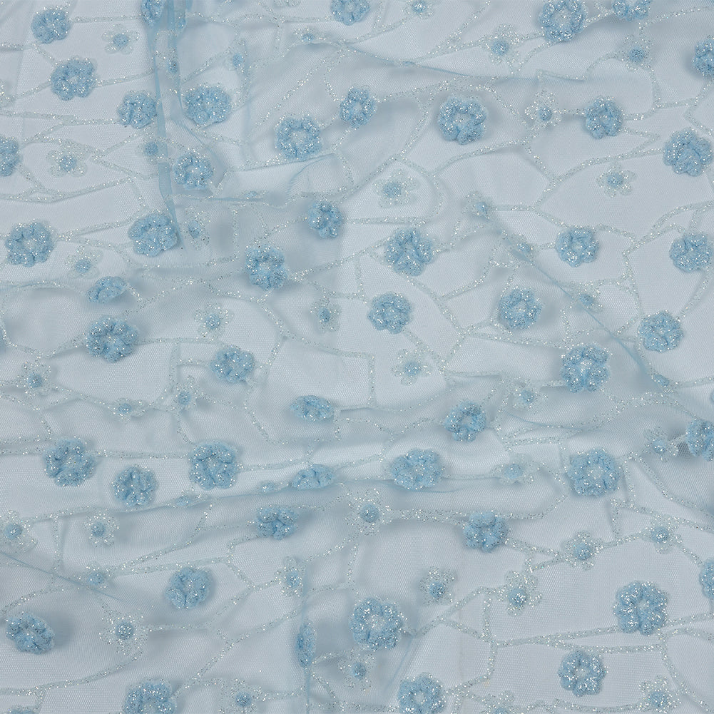 3D Puffy Glitter Tulle - Baby Blue and White Flowers and Geometric Stems