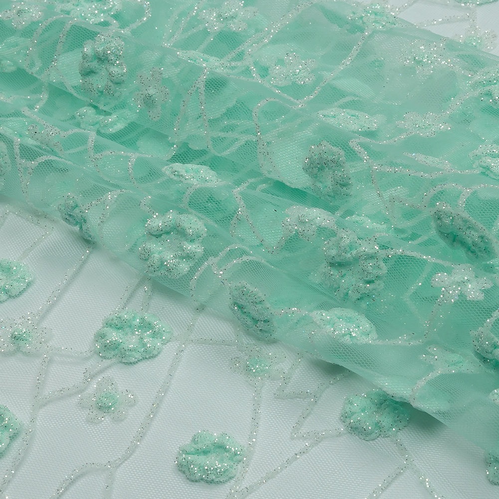 3D Puffy Glitter Tulle - Mint and White Flowers and Geometric Stems