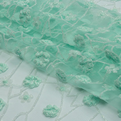 3D Puffy Glitter Tulle - Mint and White Flowers and Geometric Stems