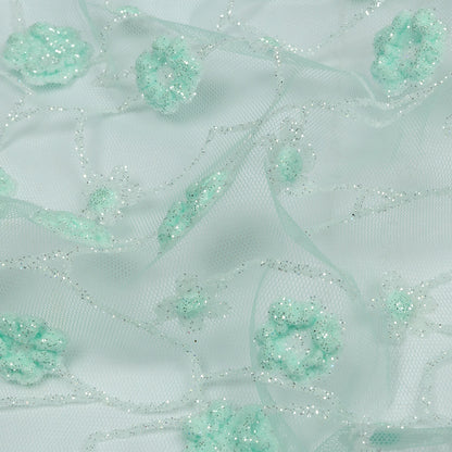 3D Puffy Glitter Tulle - Mint and White Flowers and Geometric Stems