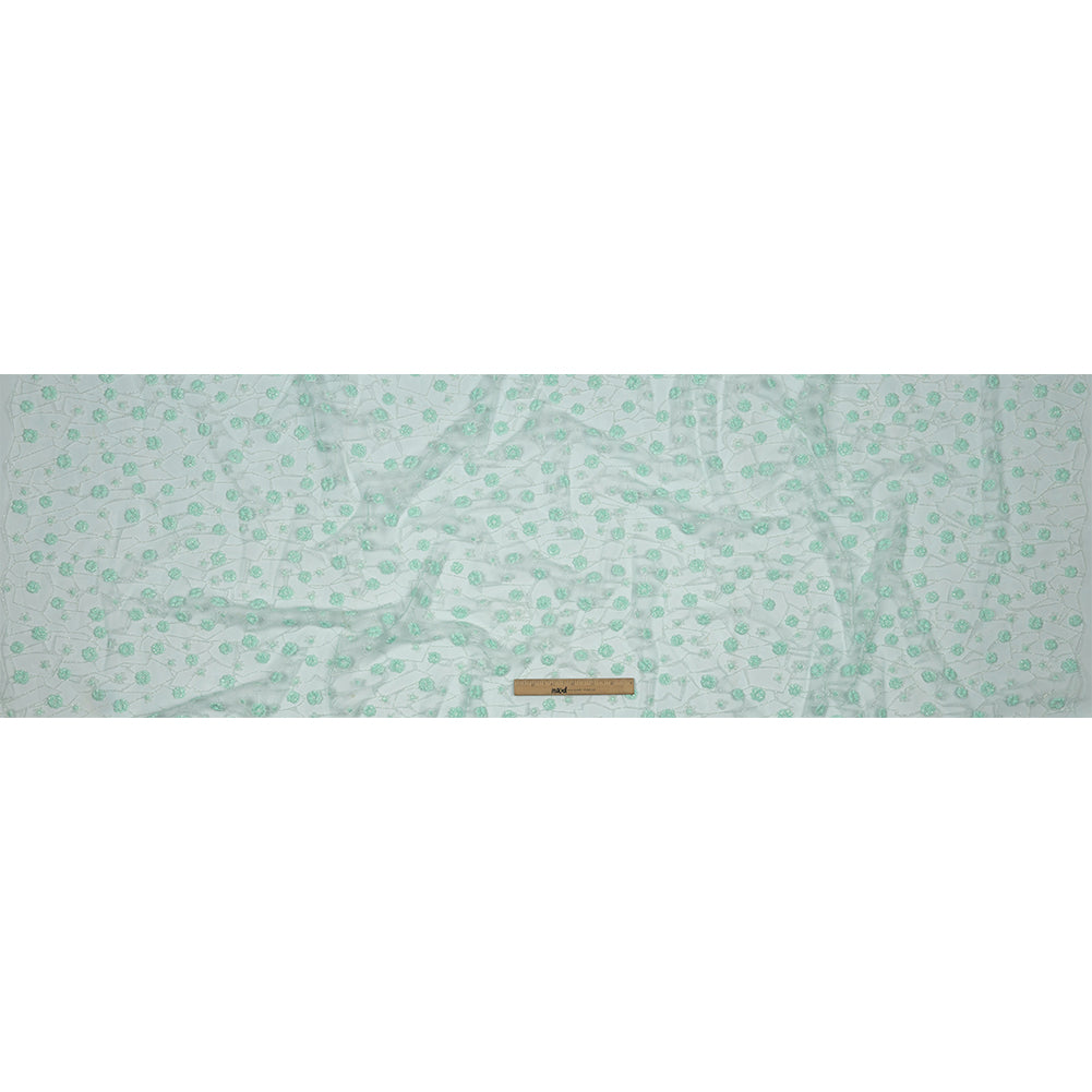 3D Puffy Glitter Tulle - Mint and White Flowers and Geometric Stems