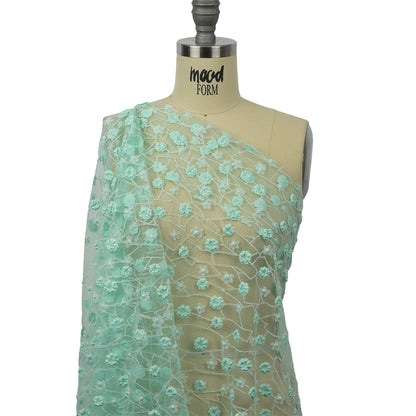 3D Puffy Glitter Tulle - Mint and White Flowers and Geometric Stems