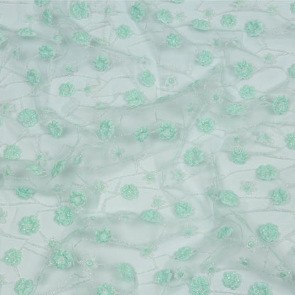 3D Puffy Glitter Tulle - Mint and White Flowers and Geometric Stems