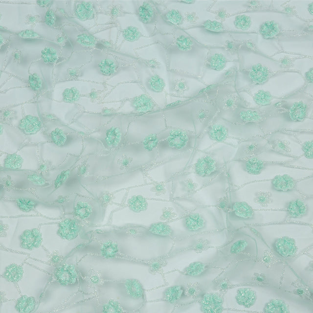 3D Puffy Glitter Tulle - Mint and White Flowers and Geometric Stems