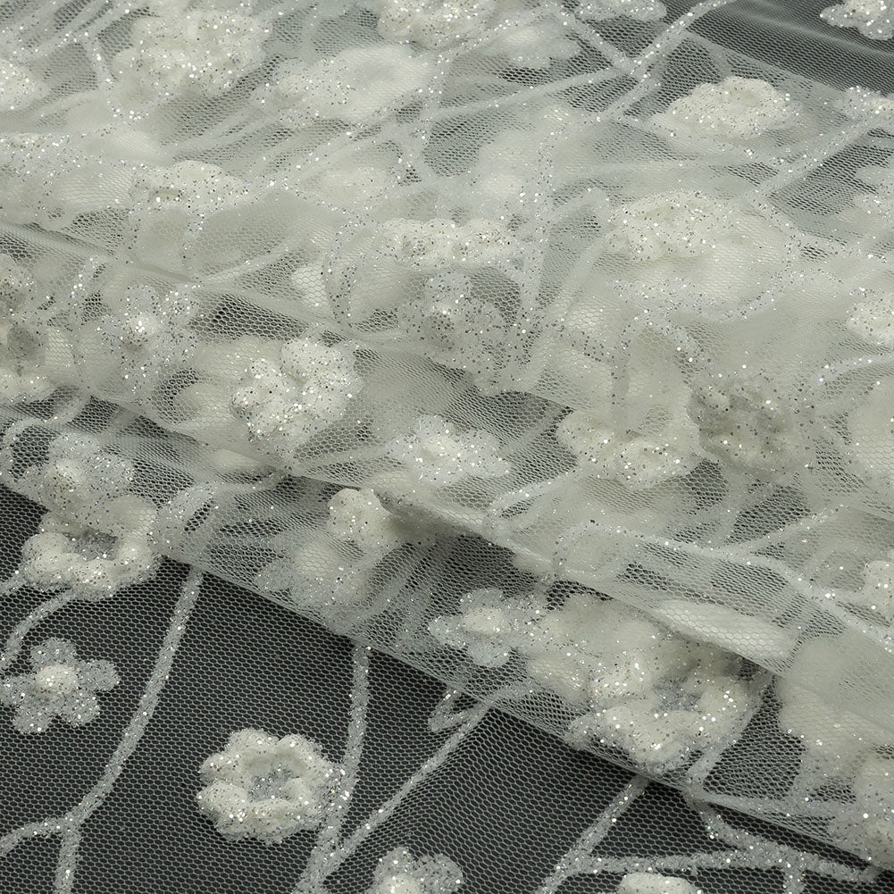 3D Puffy Glitter Tulle - White Flowers and Geometric Stems