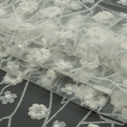 3D Puffy Glitter Tulle - White Flowers and Geometric Stems