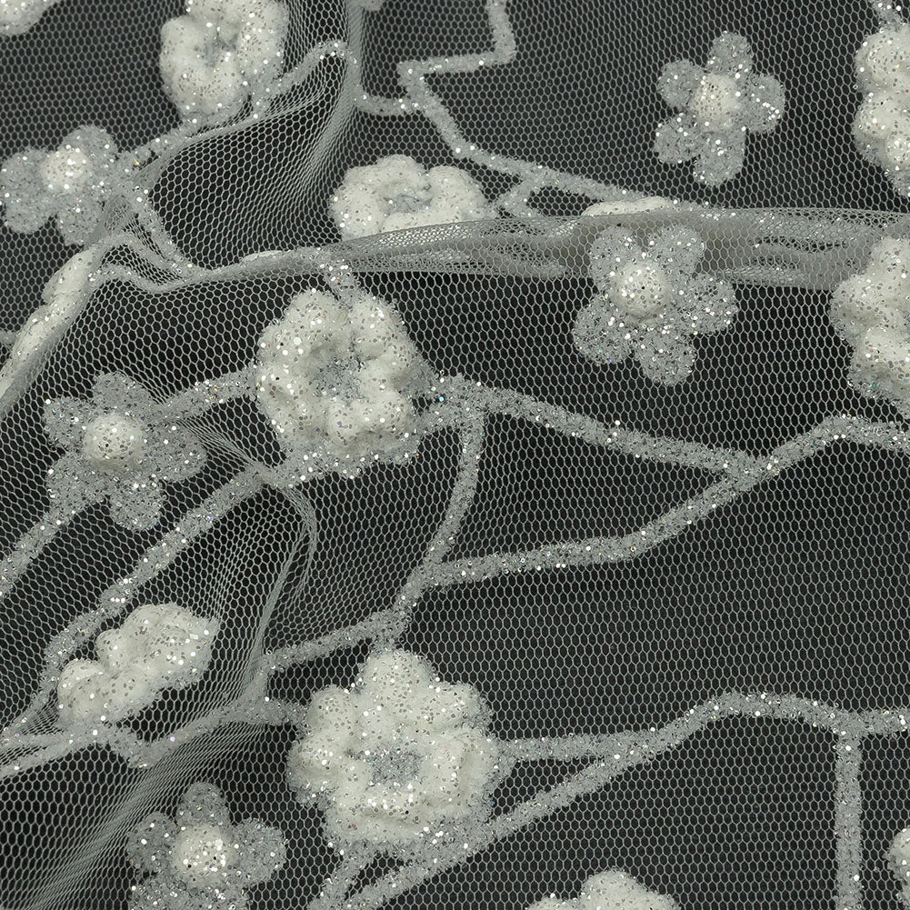 3D Puffy Glitter Tulle - White Flowers and Geometric Stems
