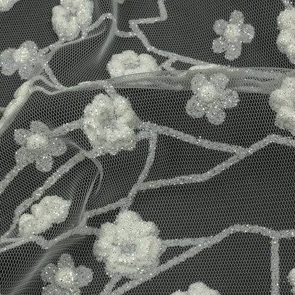 3D Puffy Glitter Tulle - White Flowers and Geometric Stems