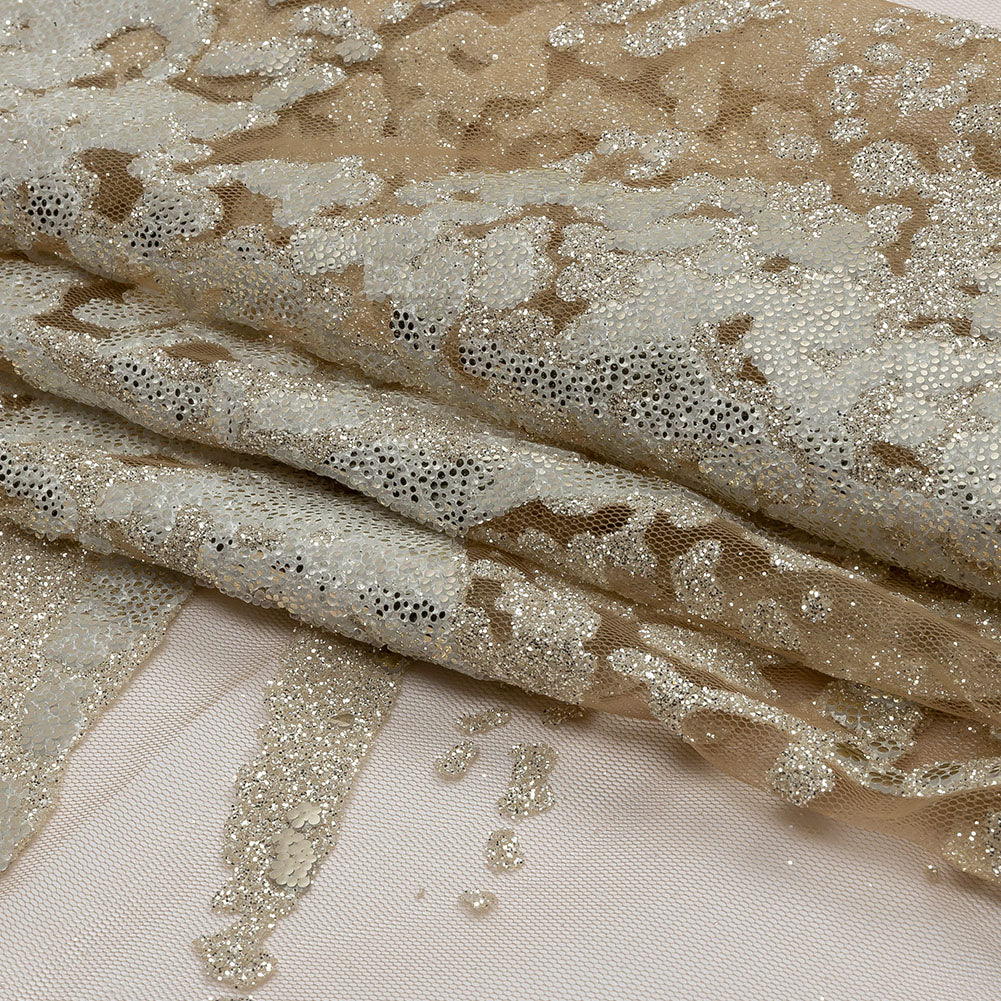 Beige and Silver Abstract Glitter Tulle - Folded