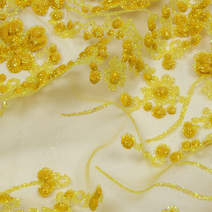 3D Puffy Glitter Tulle - Lemon and Mustard Floral Stripes