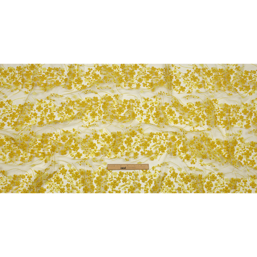 3D Puffy Glitter Tulle - Lemon and Mustard Floral Stripes