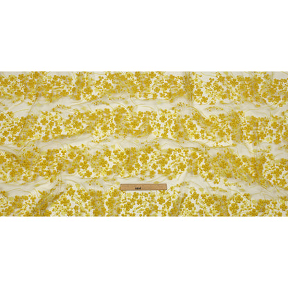 3D Puffy Glitter Tulle - Lemon and Mustard Floral Stripes