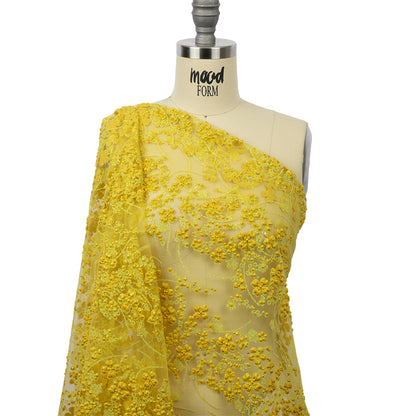 3D Puffy Glitter Tulle - Lemon and Mustard Floral Stripes