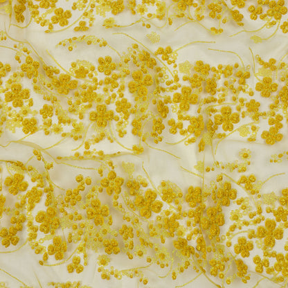 3D Puffy Glitter Tulle - Lemon and Mustard Floral Stripes
