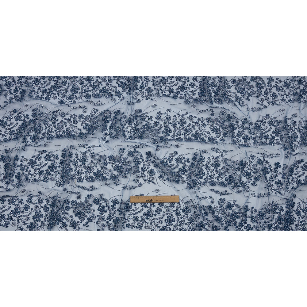 3D Puffy Glitter Tulle - Indigo Floral Stripes