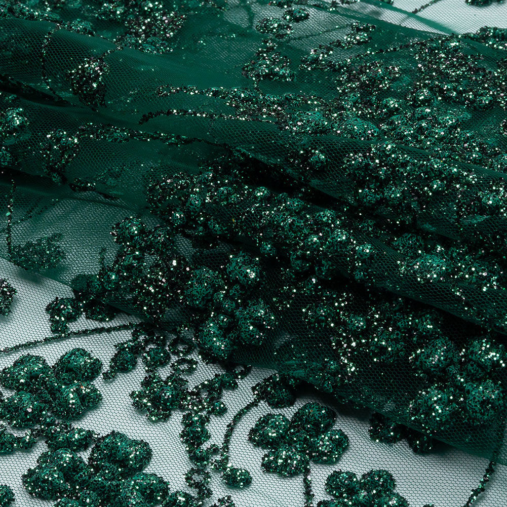 3D Puffy Glitter Tulle - Dark Emerald and Black Floral Stripes - Folded