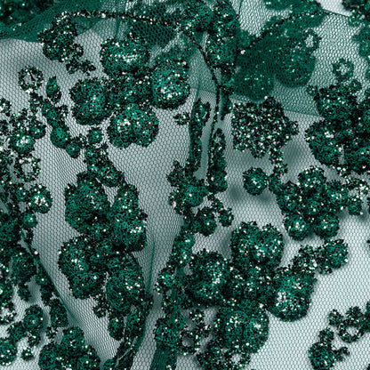 3D Puffy Glitter Tulle - Dark Emerald and Black Floral Stripes