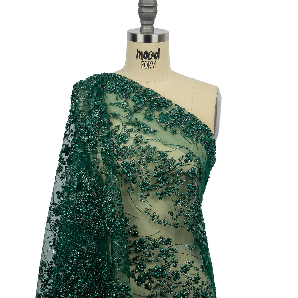 3D Puffy Glitter Tulle - Dark Emerald and Black Floral Stripes - Drape
