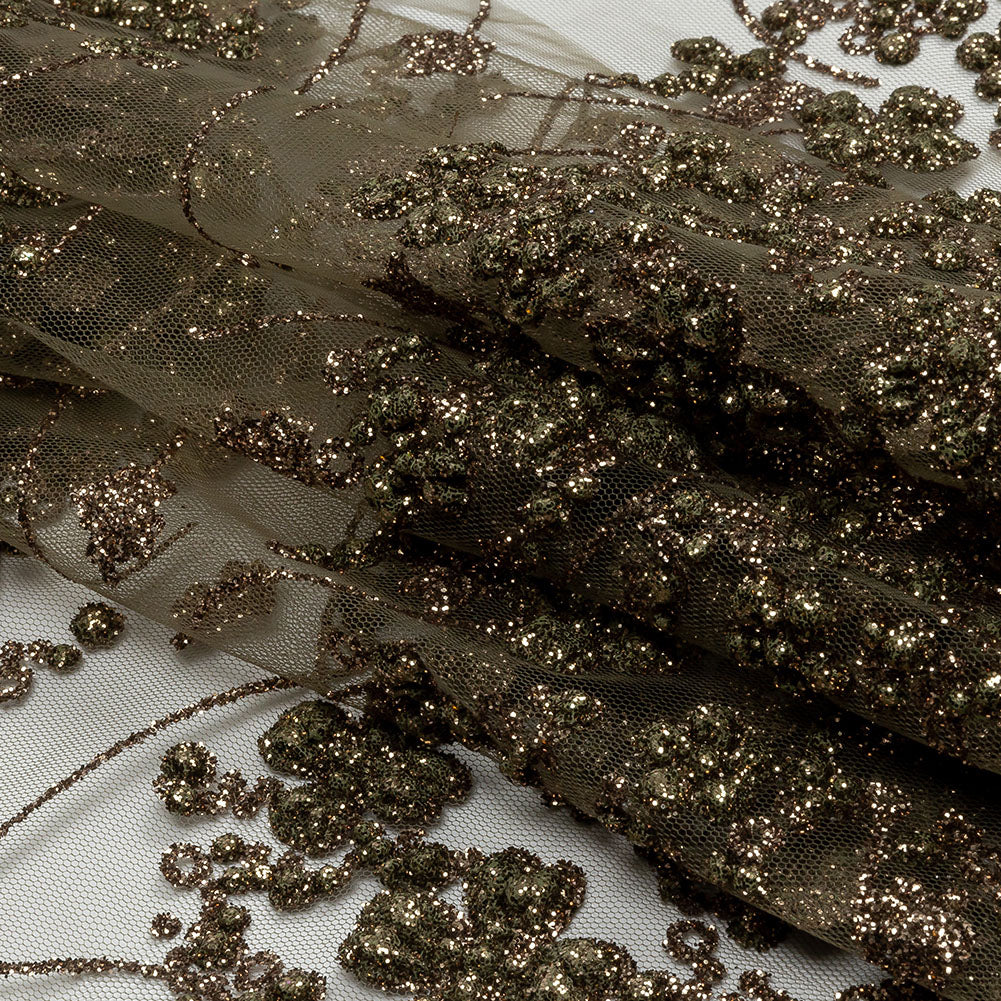 3D Puffy Glitter Tulle - Mink Floral Stripes - Folded