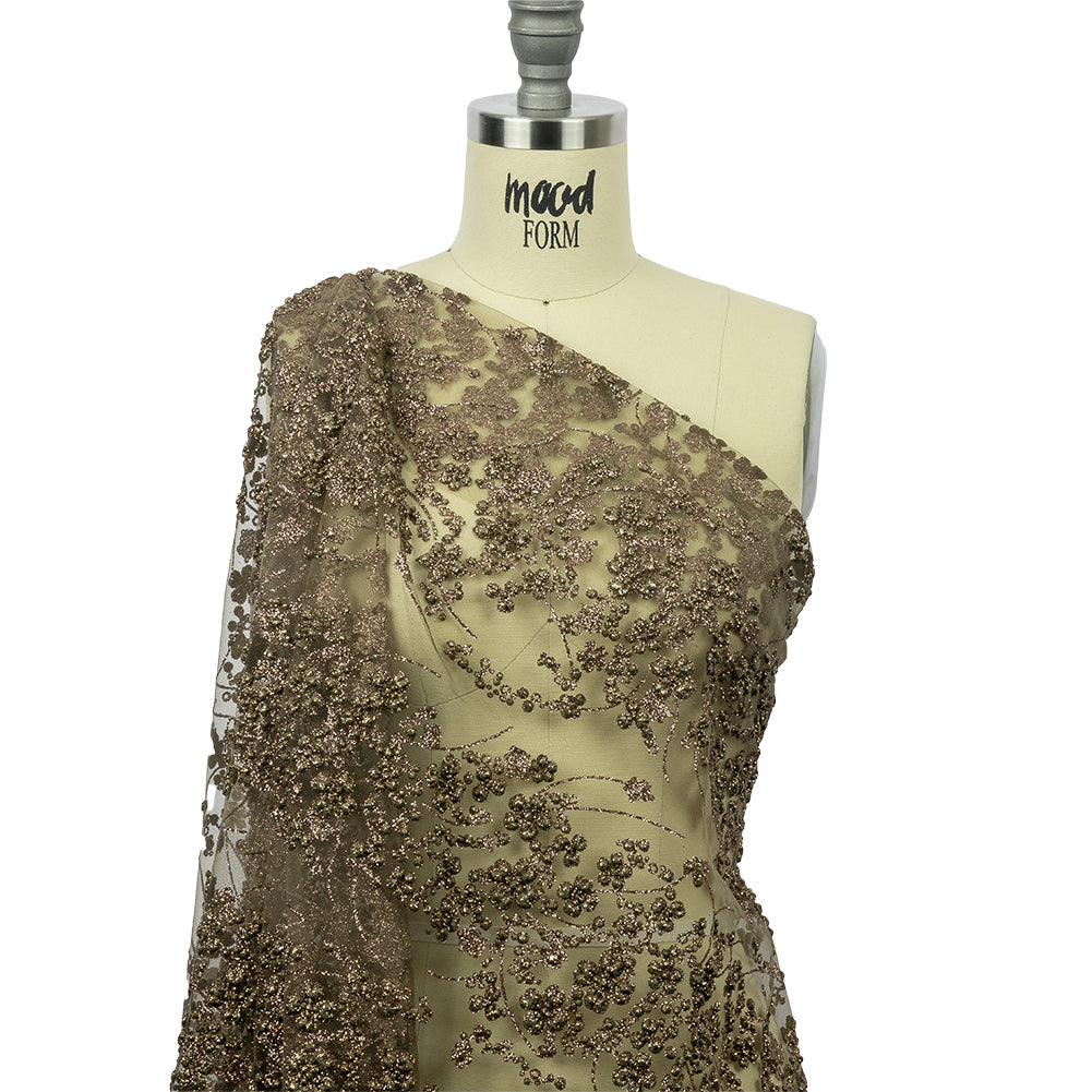 3D Puffy Glitter Tulle - Mink Floral Stripes - Drape