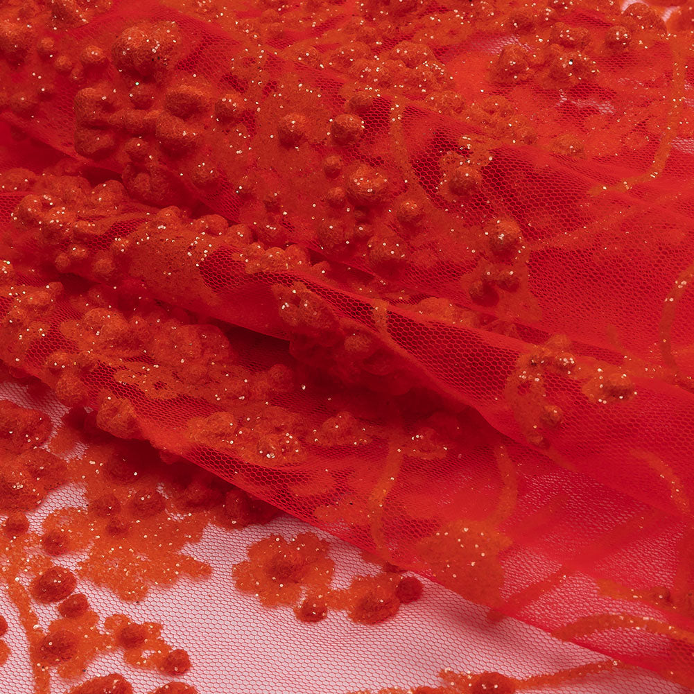 3D Puffy Glitter Tulle - Neon Orange Floral Stripes - Folded