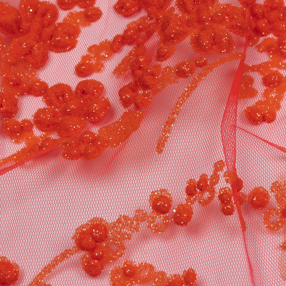 3D Puffy Glitter Tulle - Neon Orange Floral Stripes - Detail