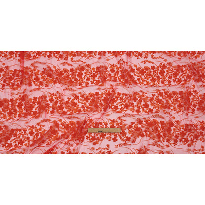 3D Puffy Glitter Tulle - Neon Orange Floral Stripes