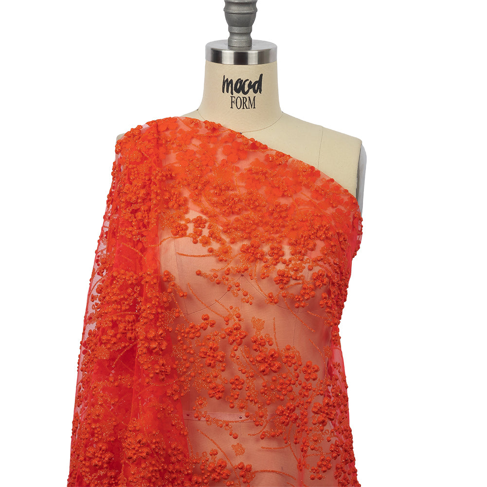3D Puffy Glitter Tulle - Neon Orange Floral Stripes - Drape