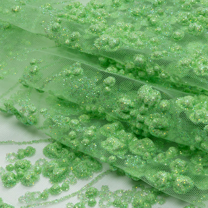 3D Puffy Glitter Tulle - Bright Mint Floral Stripes